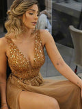 A-Line/Princess V-Neck Long Tulle Rhinestone Sleeveless Prom Evening Dresses with Slit