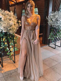 A-Line/Princess V-Neck Long Tulle Rhinestone Sleeveless Prom Evening Dresses with Slit