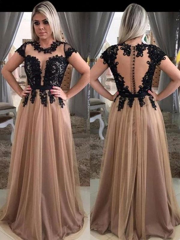 A-Line/Princess Scoop Sweep/Brush Train Tulle Short Sleeves Prom Evening Dresses with Applique