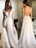 A-Line/Princess V-Neck Sweep/Brush Train Tulle Applique Short Sleeves Prom Evening Dresses with Slit