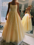 A-Line/Princess Spaghetti Straps Tulle Applique Sleeveless Long Prom Dresses
