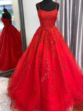 A-Line/Princess Spaghetti Straps Tulle Applique Sleeveless Long Prom Dresses