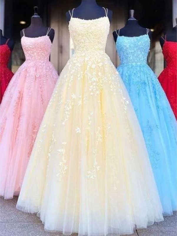 A-Line/Princess Spaghetti Straps Tulle Applique Sleeveless Long Prom Dresses
