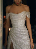 Off-the-Shoulder Mermaid Floor-Length Split Front Sequins Luxury Evening Dress
