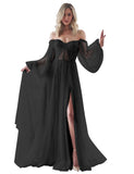 A-Line/Princess Off-the-Shoulder Sweetheart Long Sleeves Long Prom Dress