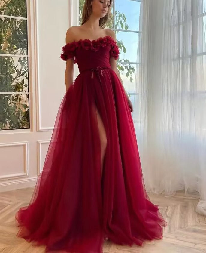 Off the shoulder long prom dress with split S16771