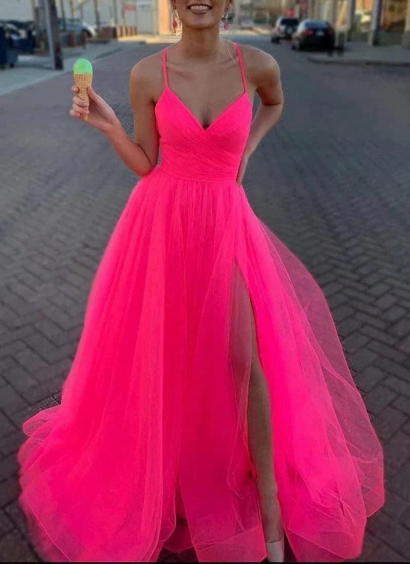 A-Line/Princess Spaghetti Straps V-Neck Split Side Long Prom Dress