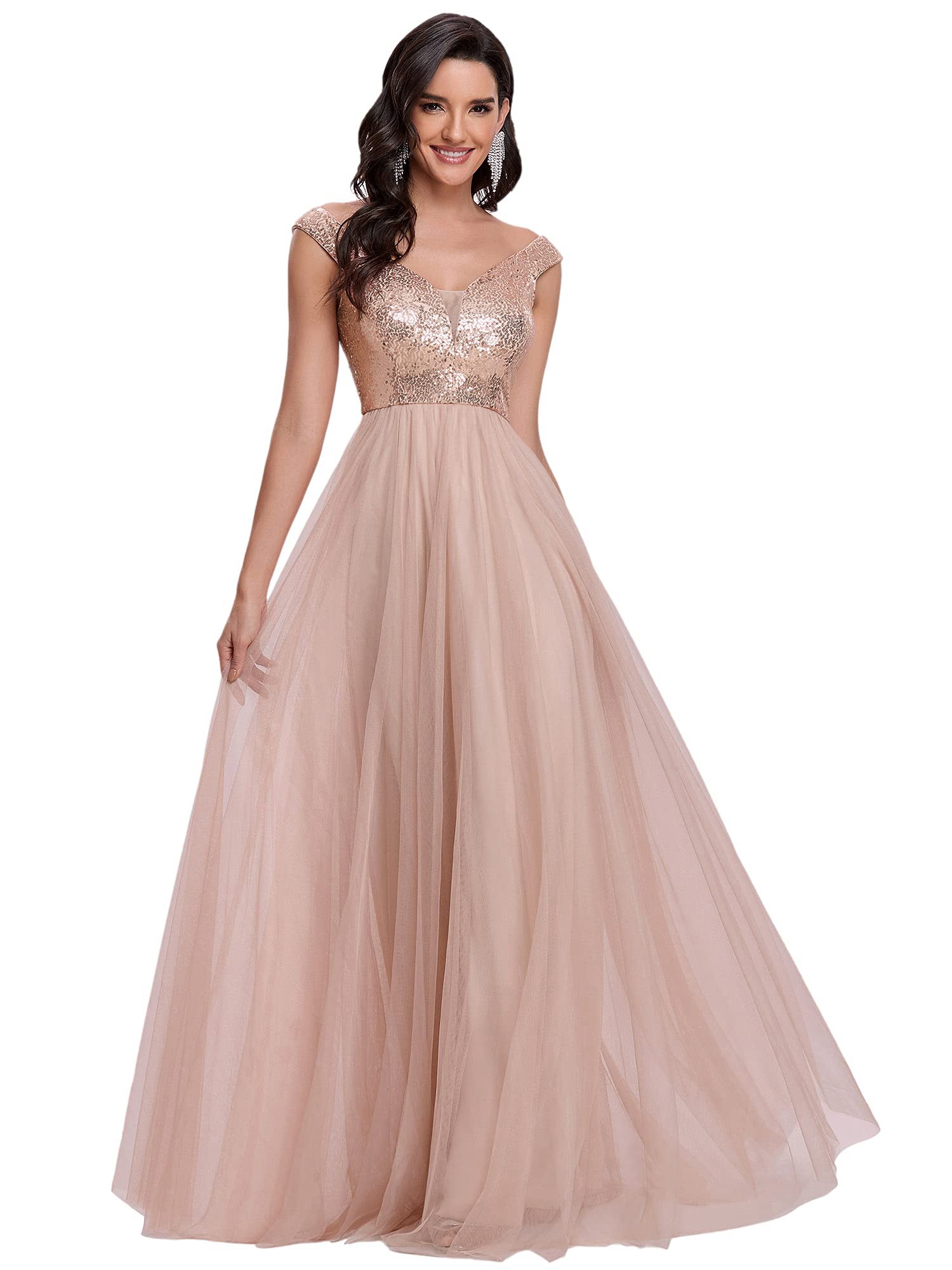 A-Line/Princess V-Neck Sleeveless Sequins Tulle Long Prom Dress