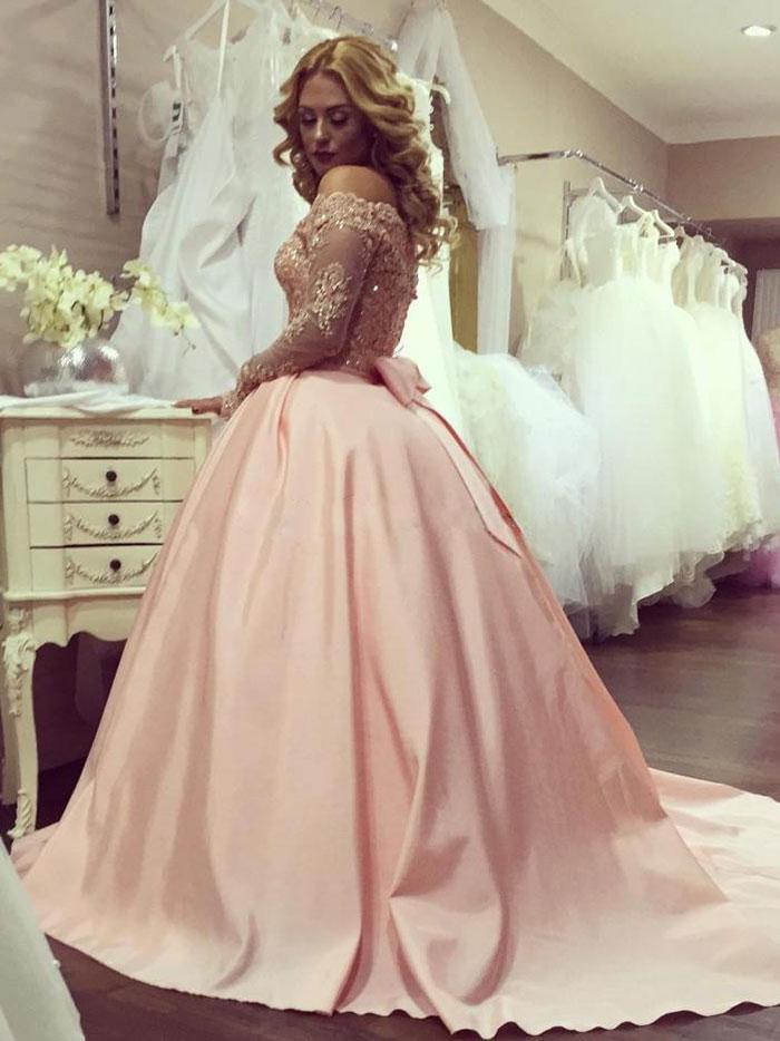 Ball Gown Off-the-shoulder Long Long Sleeves Satin Prom Evening Dresses with Beading