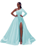 One-Shoulder Long Sleeves Sequins Long Satin Prom Dresses with Split Side