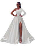 One-Shoulder Long Sleeves Sequins Long Satin Prom Dresses with Split Side