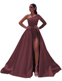 One-Shoulder Long Sleeves Sequins Long Satin Prom Dresses with Split Side