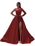 One-Shoulder Long Sleeves Sequins Long Satin Prom Dresses with Split Side