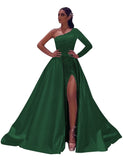 One-Shoulder Long Sleeves Sequins Long Satin Prom Dresses with Split Side
