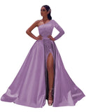 One-Shoulder Long Sleeves Sequins Long Satin Prom Dresses with Split Side