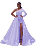 One-Shoulder Long Sleeves Sequins Long Satin Prom Dresses with Split Side