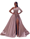 One-Shoulder Long Sleeves Sequins Long Satin Prom Dresses with Split Side