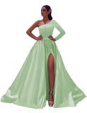 One-Shoulder Long Sleeves Sequins Long Satin Prom Dresses with Split Side
