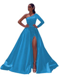 One-Shoulder Long Sleeves Sequins Long Satin Prom Dresses with Split Side