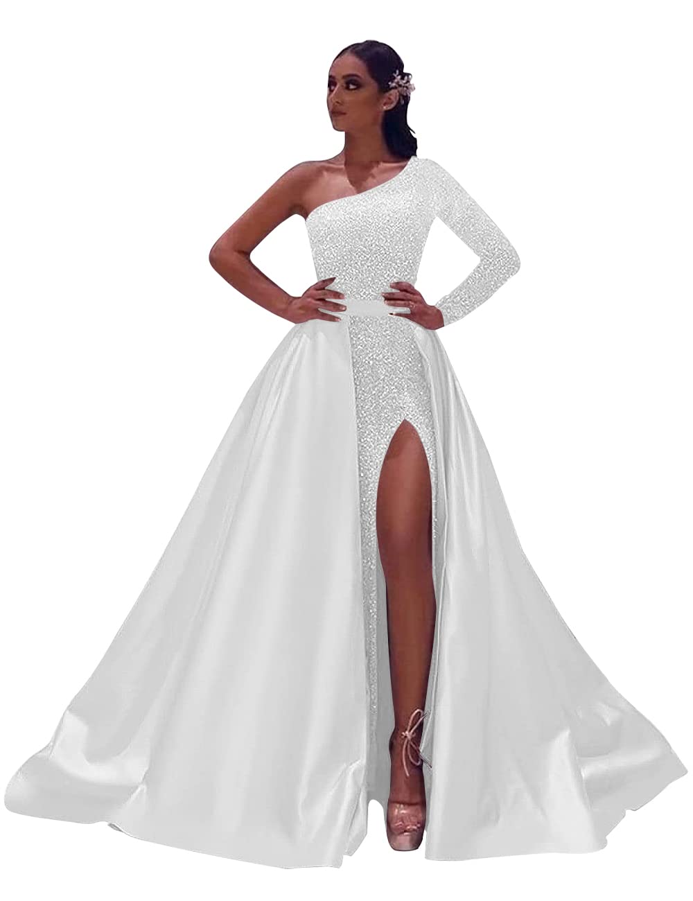 One-Shoulder Long Sleeves Sequins Long Satin Prom Dresses with Split Side