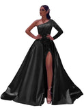 One-Shoulder Long Sleeves Sequins Long Satin Prom Dresses with Split Side