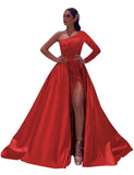 One-Shoulder Long Sleeves Sequins Long Satin Prom Dresses with Split Side