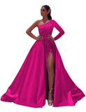 One-Shoulder Long Sleeves Sequins Long Satin Prom Dresses with Split Side