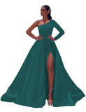 One-Shoulder Long Sleeves Sequins Long Satin Prom Dresses with Split Side