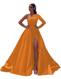 One-Shoulder Long Sleeves Sequins Long Satin Prom Dresses with Split Side