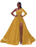 One-Shoulder Long Sleeves Sequins Long Satin Prom Dresses with Split Side