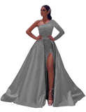 One-Shoulder Long Sleeves Sequins Long Satin Prom Dresses with Split Side