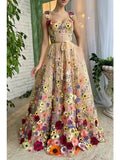 A-Line Prom Dresses Floral Dress Formal Floor Length Sleeveless Sweetheart Lace Backless with Ruched Embroidery 2023