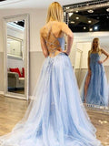 A-Line/Princess Tulle Applique Halter Sleeveless Sweep/Brush Train Dresses