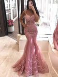 Gorgeous Watermelon Mermaid Lace Applique V-neck Sleeveless Sweep/Brush Train Dresses