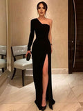 Super Black A-Line Jersey Ruched One-Shoulder Long Sleeves Sweep/Brush Train Dresses