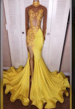 Junoesque Yellow Split Mermaid/Trumpet Long Sleeve Satin Prom Dresses